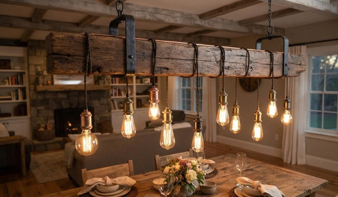 Design concept: reclaimed timber beam with black iron straps and copper and brass sockets, bulbs hanging at staggered heights over a farmhouse dining table