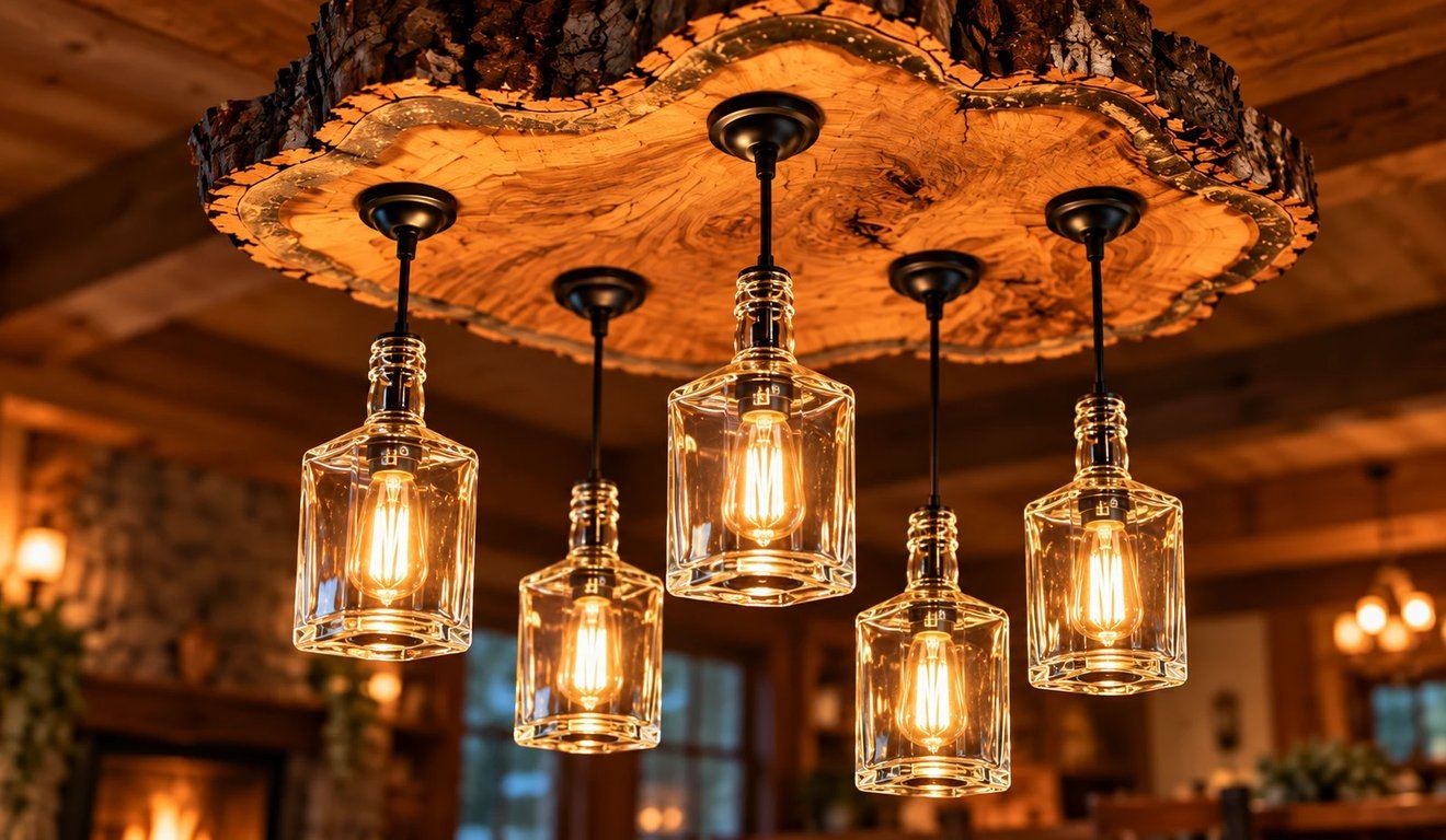 Design concept: live-edge wood slab ceiling mount with five glass bottle pendant lights at staggered heights, each with a warm Edison filament bulb