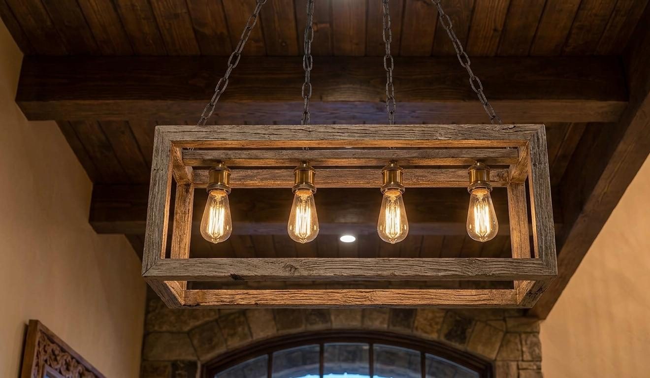Design concept: open-frame rectangular wood lantern with four Edison bulbs, hanging from a timber ceiling in a foyer