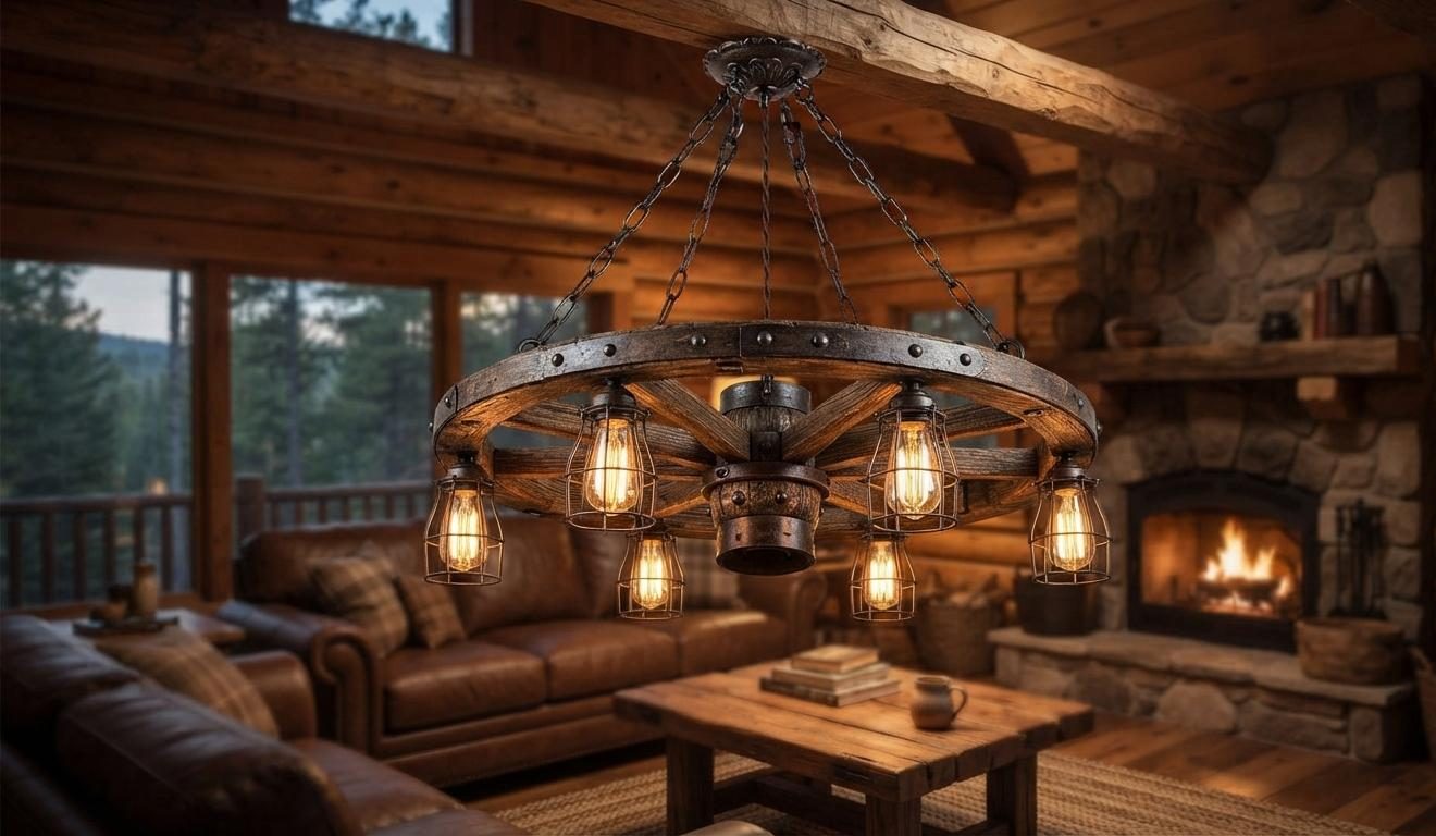 Design concept: round wagon wheel chandelier in aged timber with iron banding and caged lantern bulbs, hanging in a log cabin living room